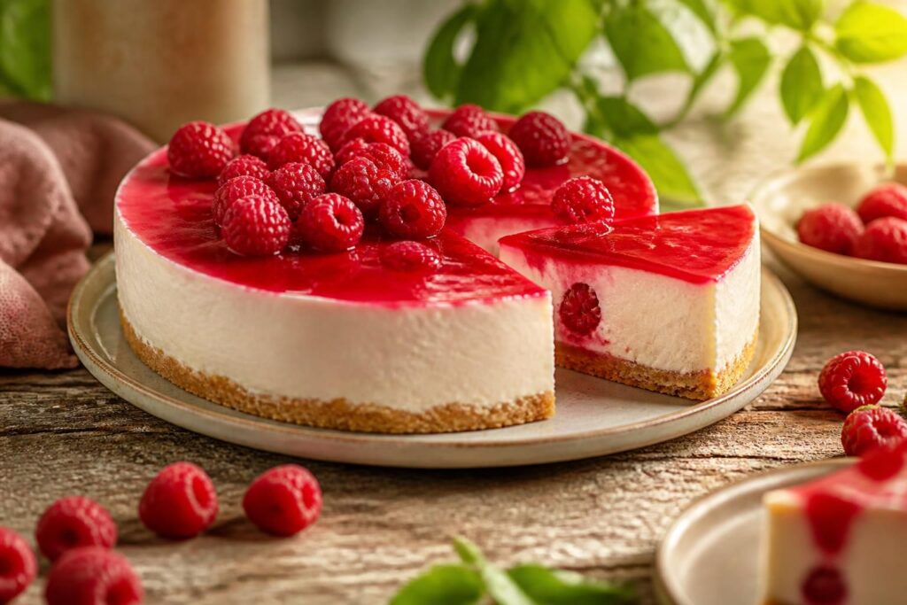Himbeer-Joghurt-Torte ohne Backen mit frischen Himbeeren auf Keksboden, angeschnitten auf einem weißen Teller