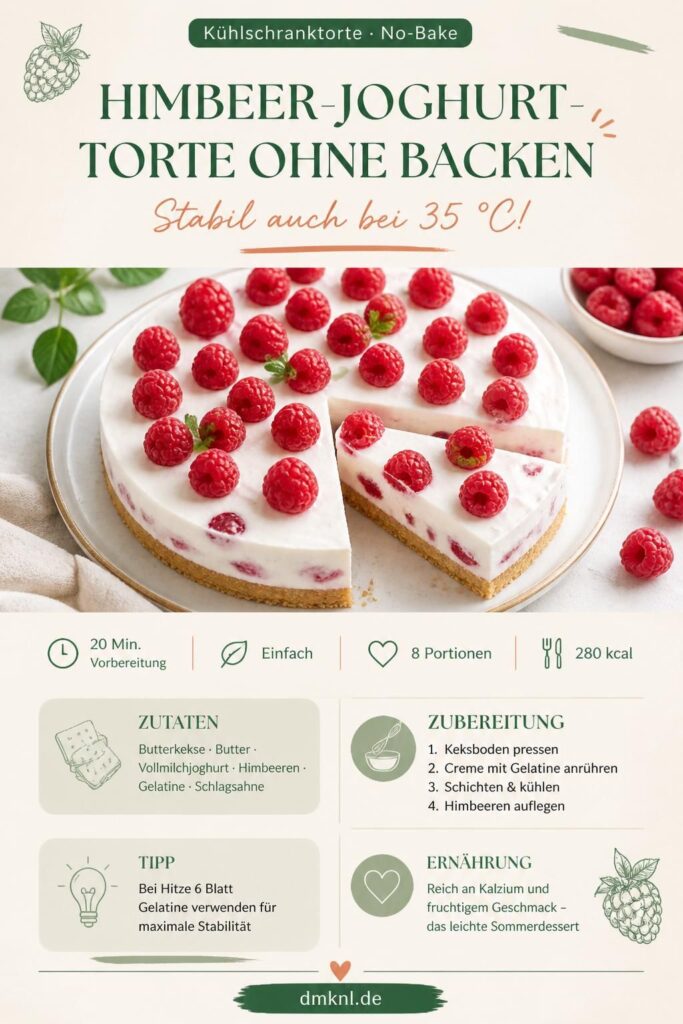 Himbeer-Joghurt-Torte ohne Backen mit frischen Himbeeren auf Keksboden – Pinterest-Rezeptkarte