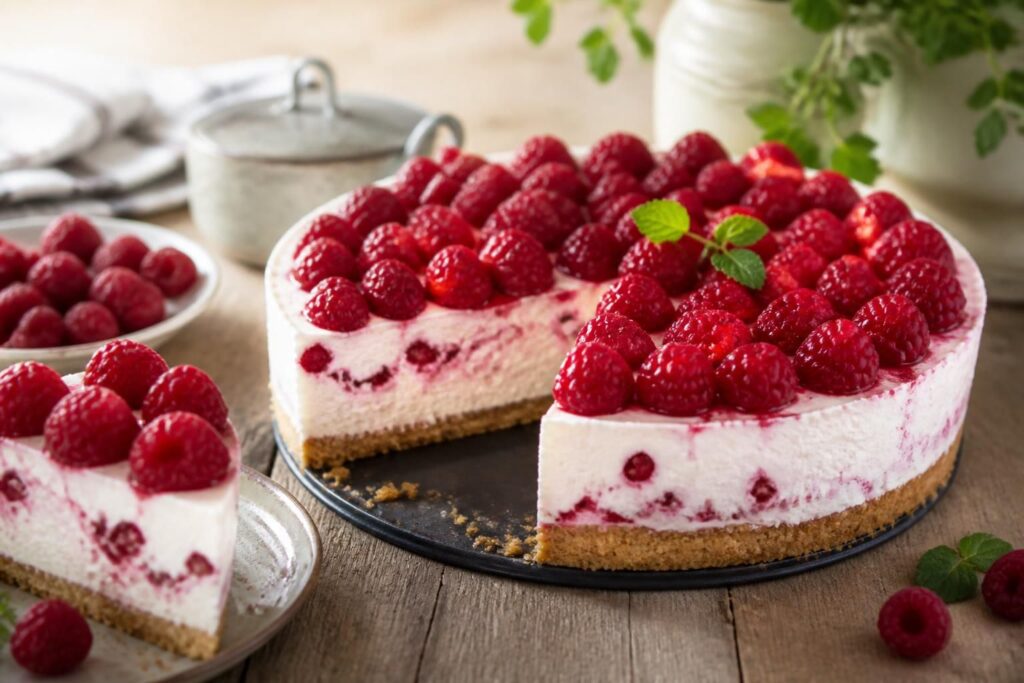 Himbeer-Quark-Torte ohne Backen und ohne Gelatine auf einem weißen Kuchenständer, mit frischen Himbeeren garniert