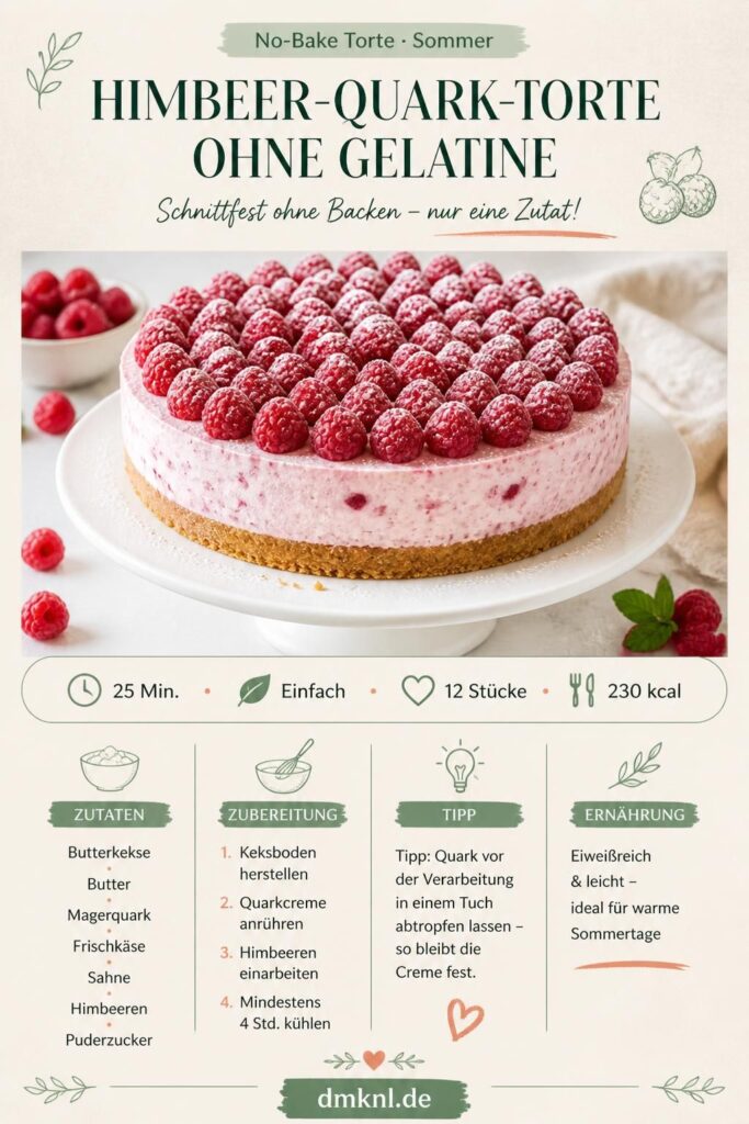 Himbeer-Quark-Torte ohne Backen und ohne Gelatine – schnittfeste No-Bake-Torte auf einem Kuchenständer