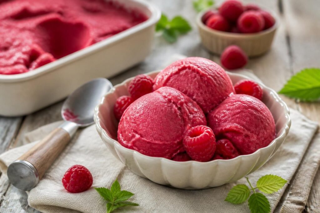Cremiges Himbeer-Sorbet ohne Eismaschine in einer Glasschale, garniert mit frischen Himbeeren und Minzeblättern