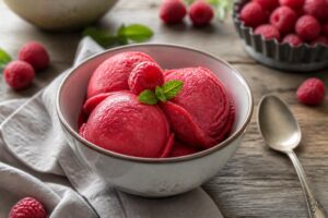 Cremiges Himbeer-Sorbet ohne Eismaschine in einer weißen Schüssel, garniert mit frischen Himbeeren und Minzblättern