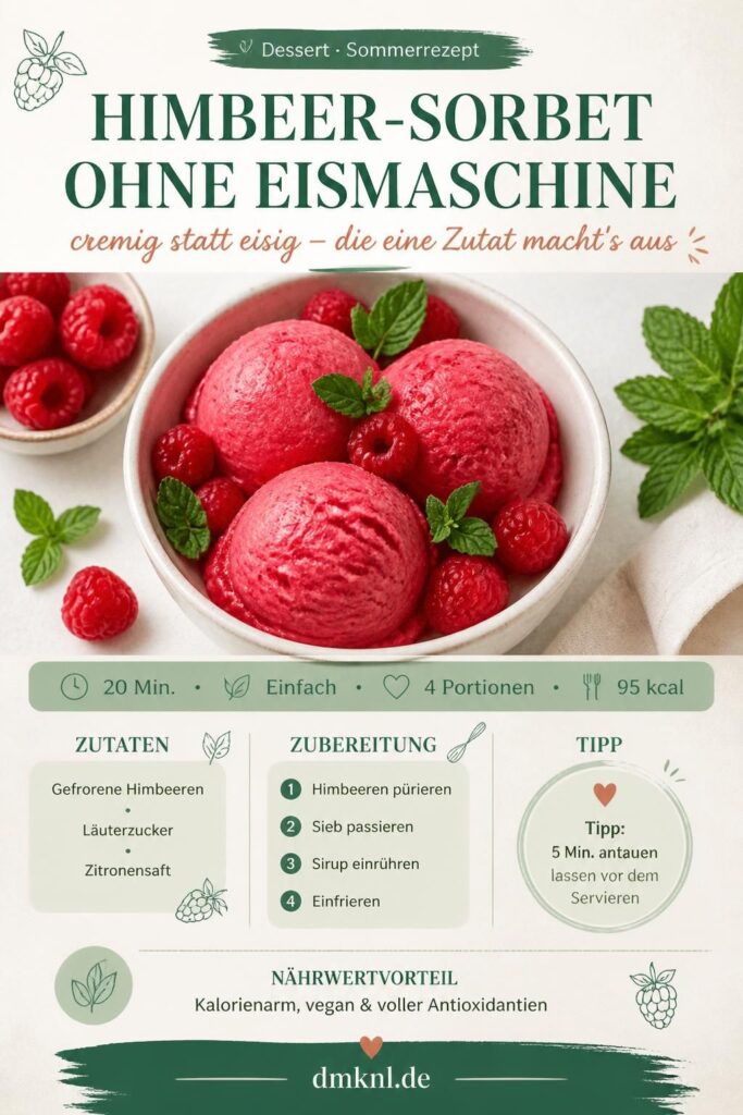 Cremiges Himbeer-Sorbet ohne Eismaschine – Pinterest-Rezeptkarte