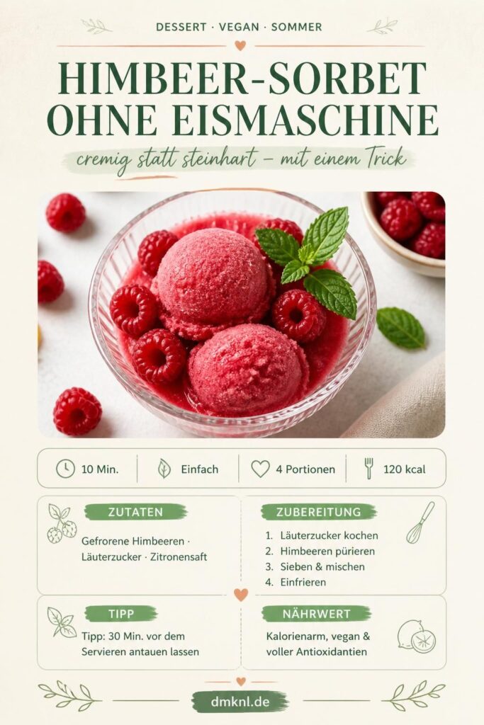 Cremiges Himbeer-Sorbet ohne Eismaschine, serviert in einer Glasschale mit frischen Himbeeren