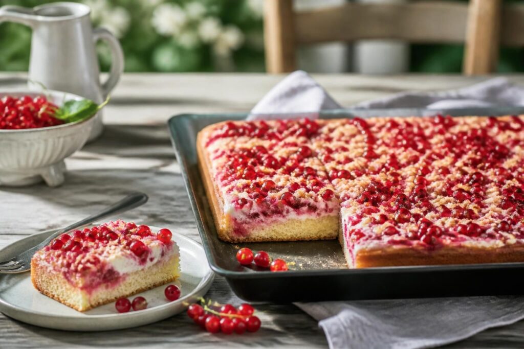 Saftiger Johannisbeer-Blechkuchen mit Joghurt auf einem Backblech, mit rot leuchtenden Beeren, die in den goldgelben Rührteig eingesunken sind