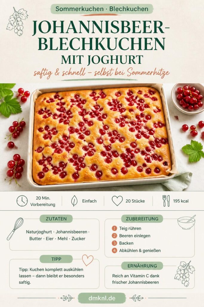 Johannisbeer-Blechkuchen mit Joghurt – saftiger Rührteig mit roten Johannisbeeren auf dem Blech, Pinterest-Rezeptbild