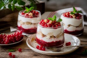 Johannisbeer-Dessert im Glas – geschichtete Creme mit roten Johannisbeeren, angerichtet in einem Portionsglas, von oben fotografiert