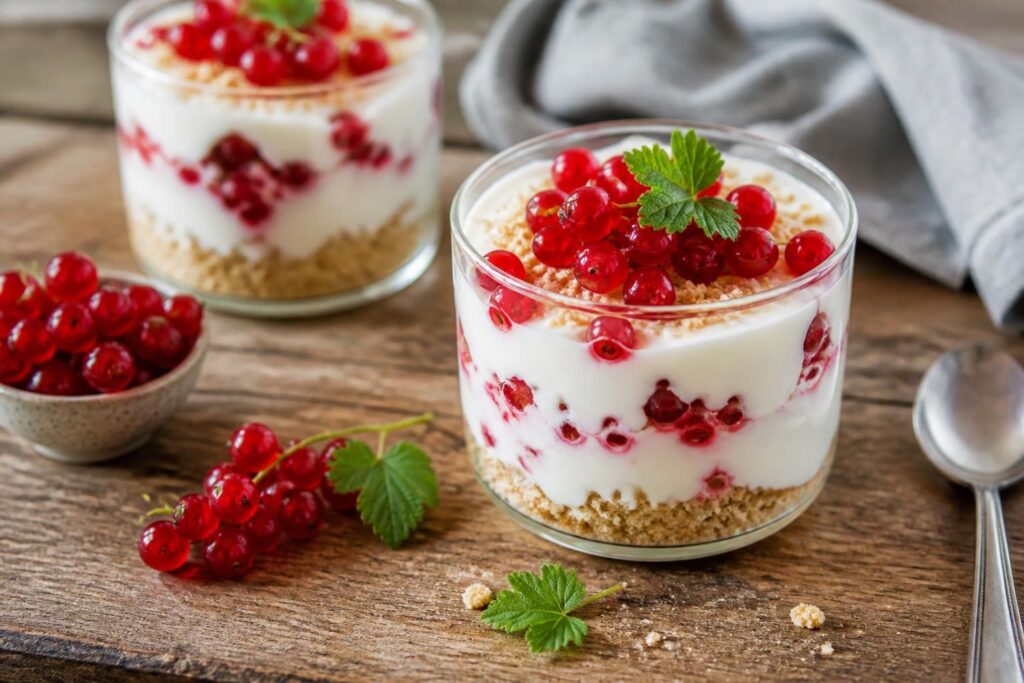 Johannisbeer-Joghurt-Dessert im Glas mit frischen roten Johannisbeeren und cremiger Joghurt-Creme, garniert mit Minze
