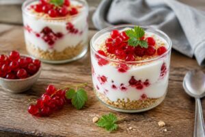 Johannisbeer-Joghurt-Dessert im Glas mit frischen roten Johannisbeeren und cremiger Joghurt-Creme, garniert mit Minze