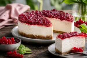Johannisbeer-Käsekuchen ohne Backen mit rotem Fruchtgelee-Topping und Kekskrümelboden, angeschnitten in der Springform