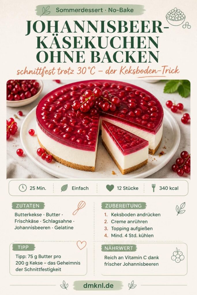 Johannisbeer-Käsekuchen ohne Backen – schnittfest auf einem Kekskrümelboden mit rotem Fruchtspiegel