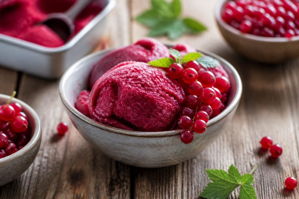 Johannisbeer-Sorbet ohne Eismaschine in einer weißen Schüssel, garniert mit frischen schwarzen Johannisbeeren und Minzblättern