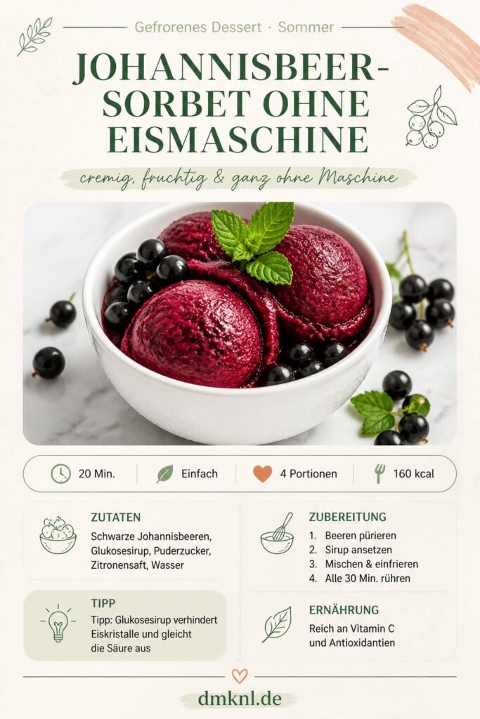 Johannisbeer-Sorbet ohne Eismaschine — cremiges Cassis-Sorbet in einer weißen Schüssel mit frischen Johannisbeeren