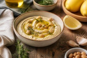 Kalte Bohnencreme mit Zitrone in einer weißen Schüssel, garniert mit Olivenöl, Paprikaflocken und frischen Kräutern