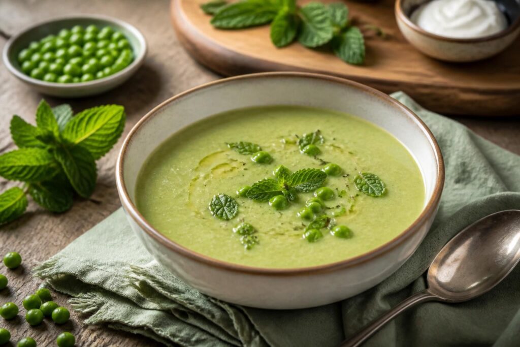 Kalte Erbsen-Minz-Suppe in einer weißen Schale, garniert mit frischen Minzblättern und einem Joghurt-Klecks, von oben fotografiert