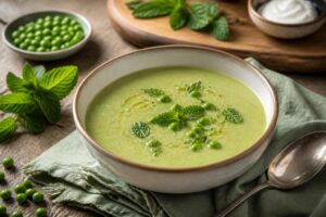 Kalte Erbsen-Minz-Suppe in einer weißen Schale, garniert mit frischen Minzblättern und einem Joghurt-Klecks, von oben fotografiert