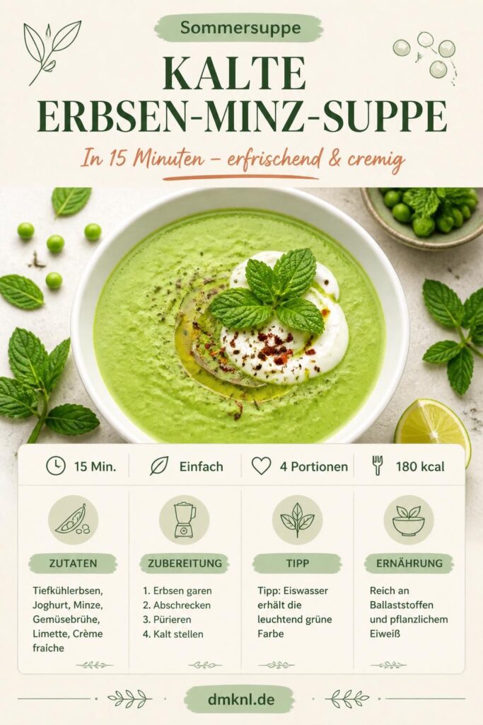 Kalte Erbsen-Minz-Suppe in einer weißen Schale – Pinterest-Bild zum Merken