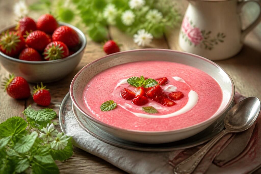Kalte Erdbeersuppe nach Omas Art in einer weißen Schüssel, garniert mit frischen Erdbeerscheiben und Minzblättern, serviert auf einem rustikalen Holztisch im Sommer