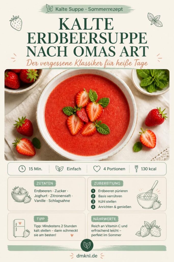 Kalte Erdbeersuppe nach Omas Art – Pinterest-Rezeptkarte mit Zutaten und Schritten