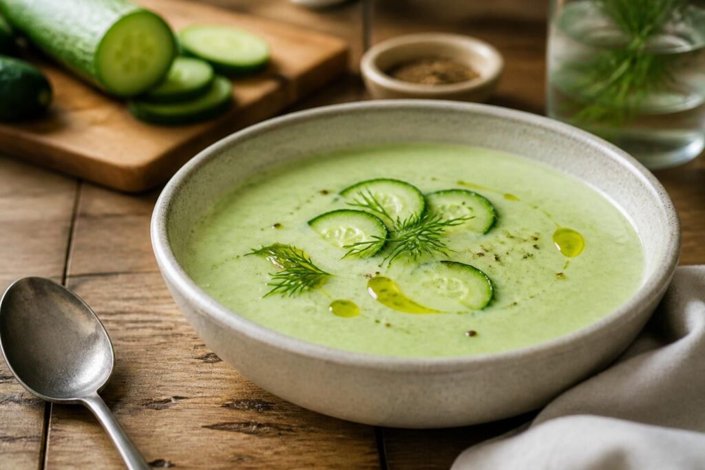 Kalte Gurkensuppe mit Joghurt in einer weißen Schale, garniert mit frischem Dill, Minze und einem Spritzer Olivenöl
