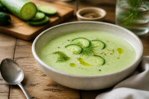 Kalte Gurkensuppe mit Joghurt in einer weißen Schale, garniert mit frischem Dill, Minze und einem Spritzer Olivenöl