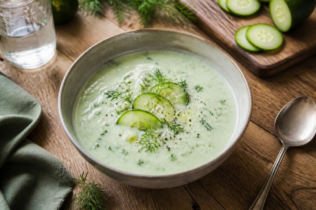 Kalte Gurkensuppe mit Joghurt in einer weißen Schüssel, garniert mit frischem Dill, Radieschenscheiben und einem Schuss Olivenöl