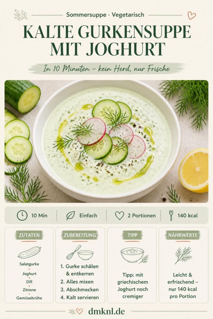 Kalte Gurkensuppe mit Joghurt in einer weißen Schüssel mit Dill und Radieschenscheiben