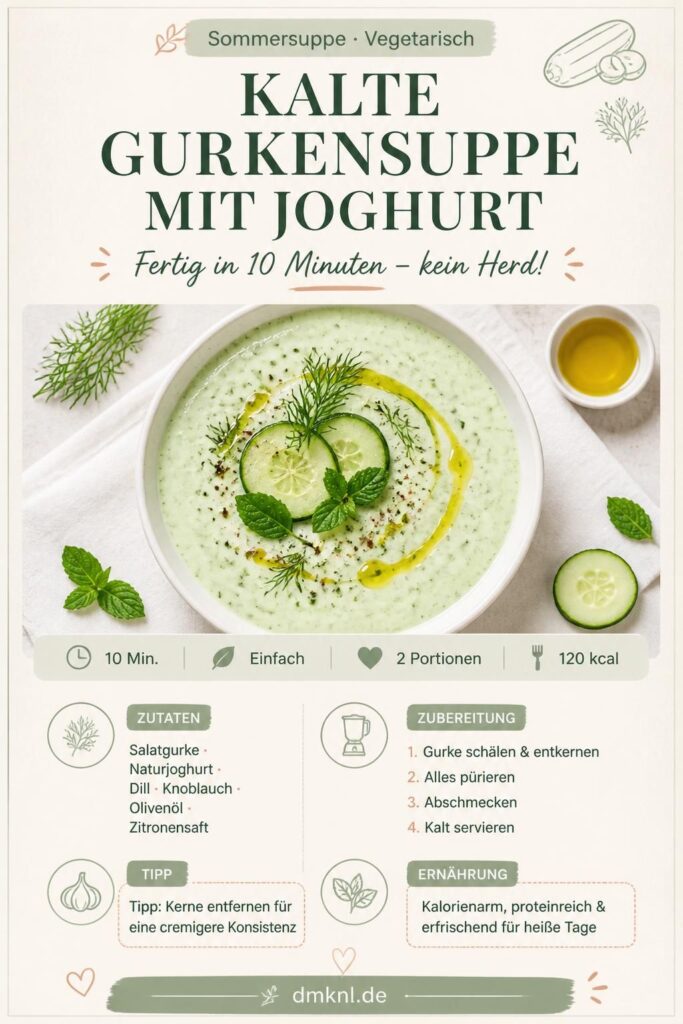 Kalte Gurkensuppe mit Joghurt in einer weißen Schale, garniert mit Dill und Olivenöl