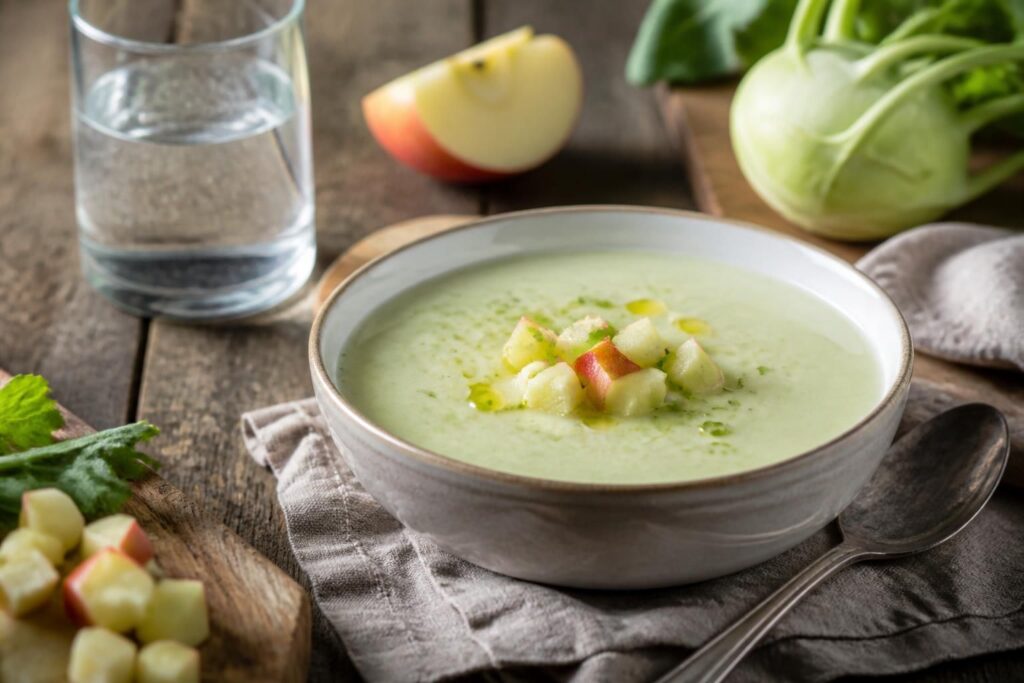 Kalte Kohlrabi-Suppe mit Apfel in einer weißen Schale, garniert mit frischem Dill und gerösteten Kürbiskernen, von oben fotografiert auf hellem Holzuntergrund