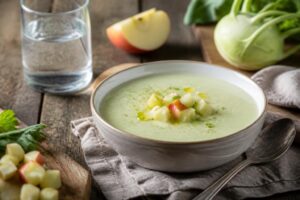 Kalte Kohlrabi-Suppe mit Apfel in einer weißen Schale, garniert mit frischem Dill und gerösteten Kürbiskernen, von oben fotografiert auf hellem Holzuntergrund