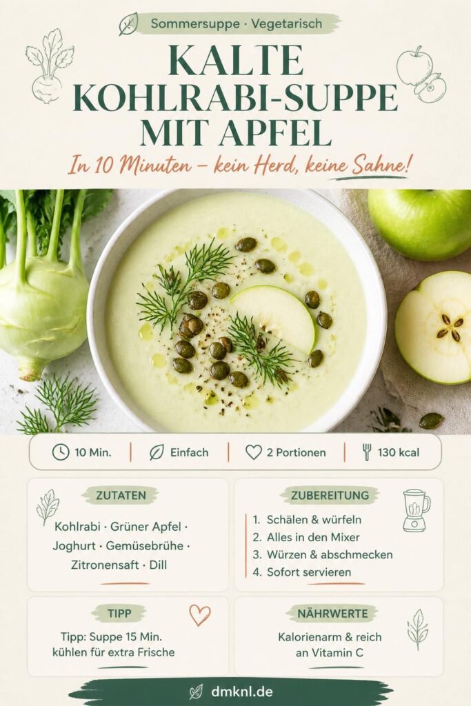 Kalte Kohlrabi-Suppe mit Apfel in weißer Schale, garniert mit Dill und Kürbiskernen – Pinterest-Pin