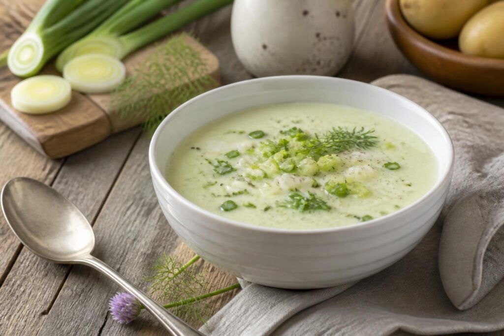 Kalte Lauchsuppe mit Kartoffeln in einem weißen Suppenteller, garniert mit Schnittlauch und einem Löffel Crème fraîche, serviert auf einem Holztisch im Sommer