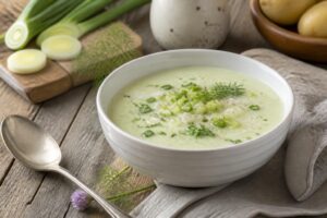 Kalte Lauchsuppe mit Kartoffeln in einem weißen Suppenteller, garniert mit Schnittlauch und einem Löffel Crème fraîche, serviert auf einem Holztisch im Sommer