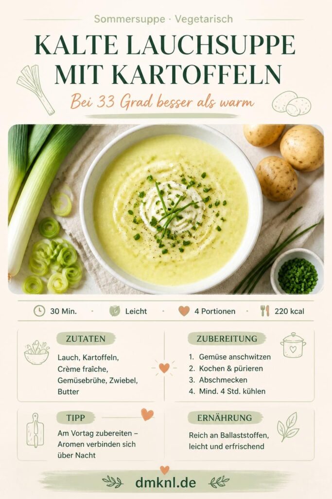 Kalte Lauchsuppe mit Kartoffeln – cremige Vichyssoise mit Schnittlauch, Pinterest-Pin