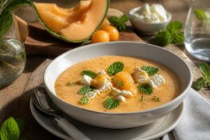 Kalte Melonensuppe mit Feta und frischer Minze in einem weißen tiefen Teller, serviert mit Olivenöl-Tropfen und Minzblättern als Garnitur