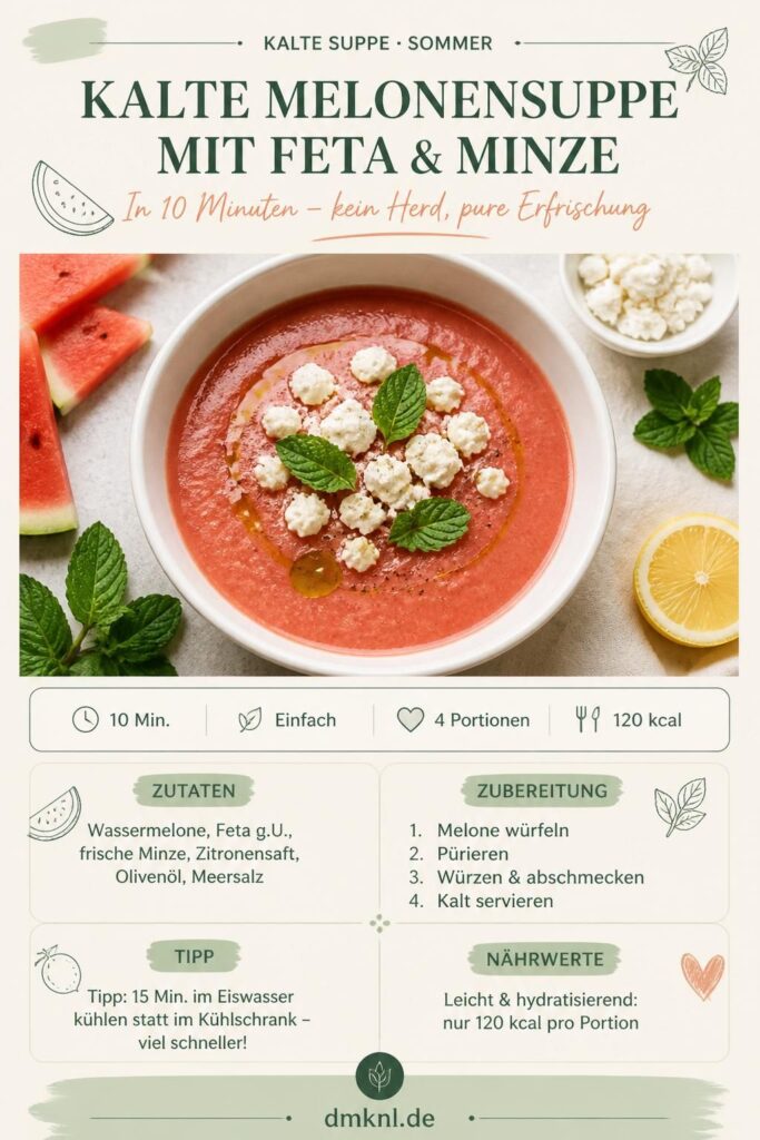 Kalte Melonensuppe mit Feta und Minze – Pinterest-Rezeptkarte für den Sommer