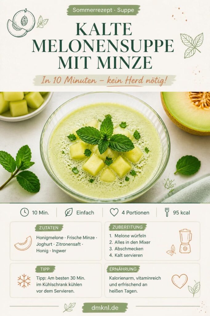 Kalte Melonensuppe mit Minze im Glas, garniert mit Minzblättern – Pinterest-Rezeptkarte