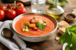 Kalte Tomatensuppe in einer weißen Schale mit frischem Basilikum und einem Spritzer Olivenöl, von oben fotografiert auf Holzuntergrund