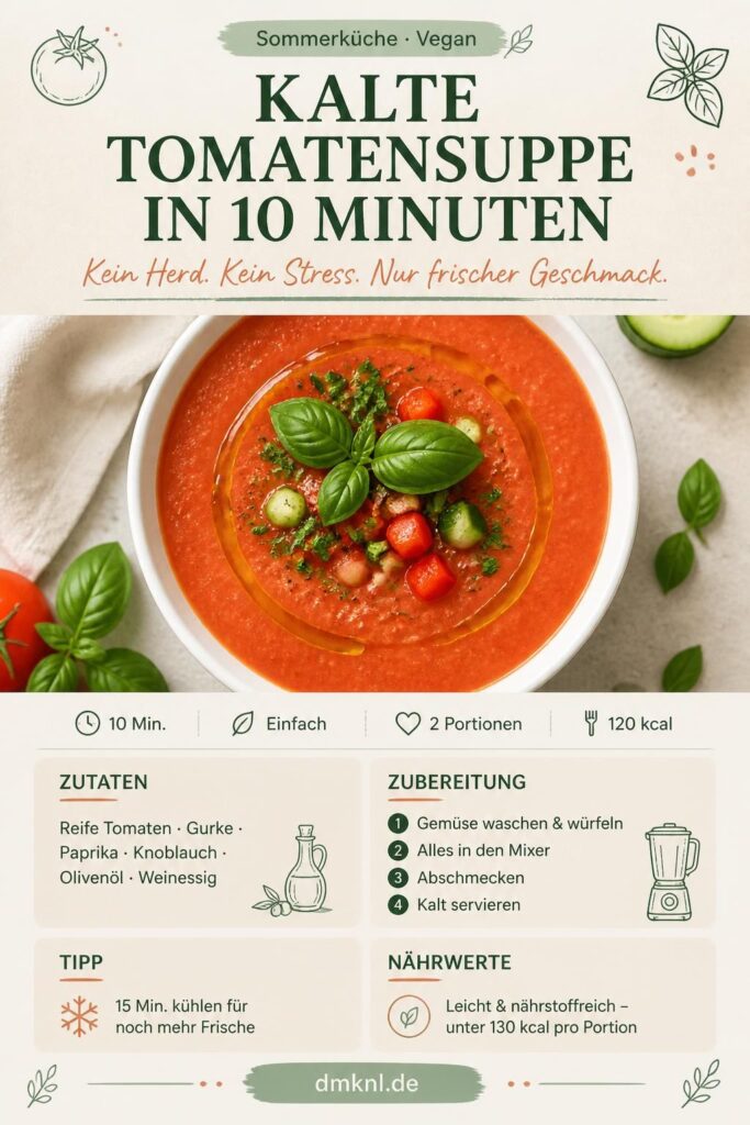 Kalte Tomatensuppe in 10 Minuten – Pinterest-Rezeptkarte mit Zutaten und Zubereitungsschritten