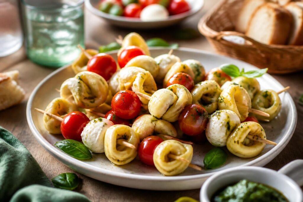 Kalte Tortellini-Spieße mit Kirschtomaten, Mini-Mozzarella und Basilikum auf einem Holzbrett, beträufelt mit grünem Pesto