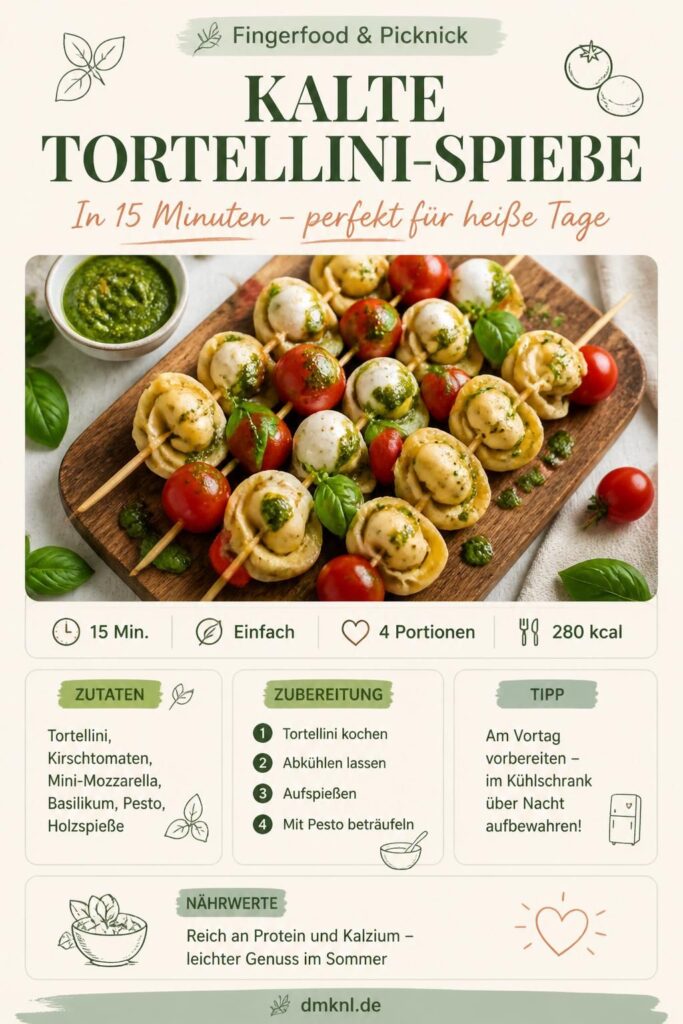 Kalte Tortellini-Spieße mit Kirschtomaten, Mozzarella und Pesto auf einem Holzbrett – Pinterest-Rezeptkarte
