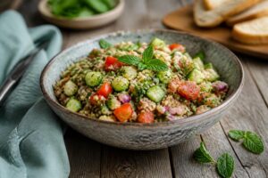 Kalter Bulgursalat mit Minze, Frühlingszwiebeln und Tomatenmark in einer weißen Schüssel, von oben fotografiert auf hellem Holzuntergrund