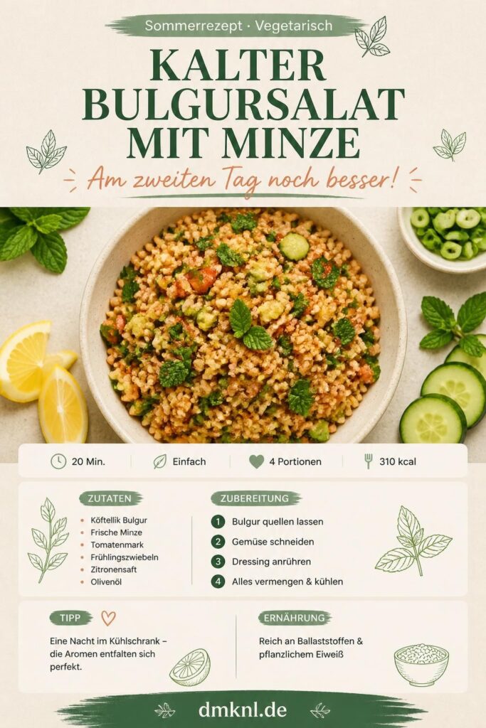 Kalter Bulgursalat mit Minze auf hellem Hintergrund – Pinterest-Rezeptbild