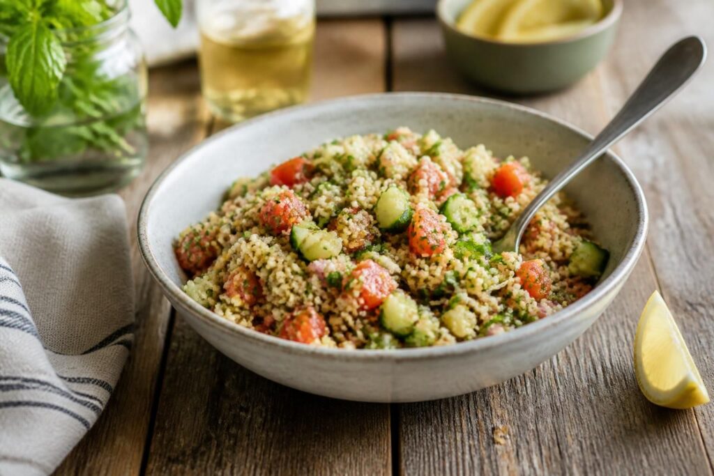 Kalter Couscous-Salat mit Gurke, Kirschtomaten und Frühlingszwiebeln in einer weißen Schüssel, garniert mit frischen Kräutern und Zitronendressing