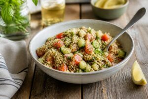 Kalter Couscous-Salat mit Gurke, Kirschtomaten und Frühlingszwiebeln in einer weißen Schüssel, garniert mit frischen Kräutern und Zitronendressing