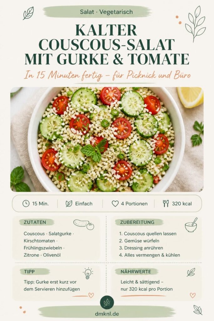 Kalter Couscous-Salat mit Gurke und Tomate in einer weißen Schüssel – Pinterest-Rezeptkarte
