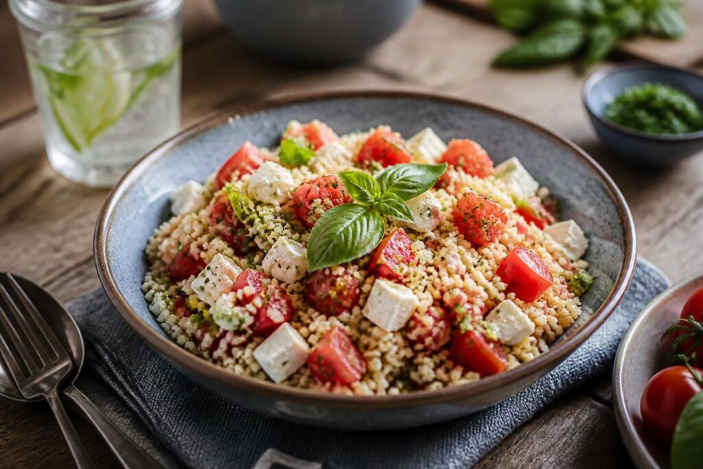 Kalter Couscous-Salat mit Tomaten in einer weißen Schüssel, garniert mit frischer Petersilie und Zitronenscheiben, serviert auf einem Holztisch