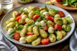 Kalter Gnocchi-Salat mit grünem Pesto, Rucola, getrockneten Tomaten und Mozzarella in einer Schüssel – servierbereit fürs Grillbuffet