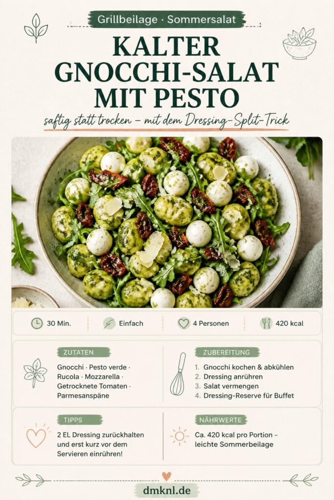 Kalter Gnocchi-Salat mit Pesto, Rucola und Mozzarella – Pinterest-Pin fürs Grillbuffet