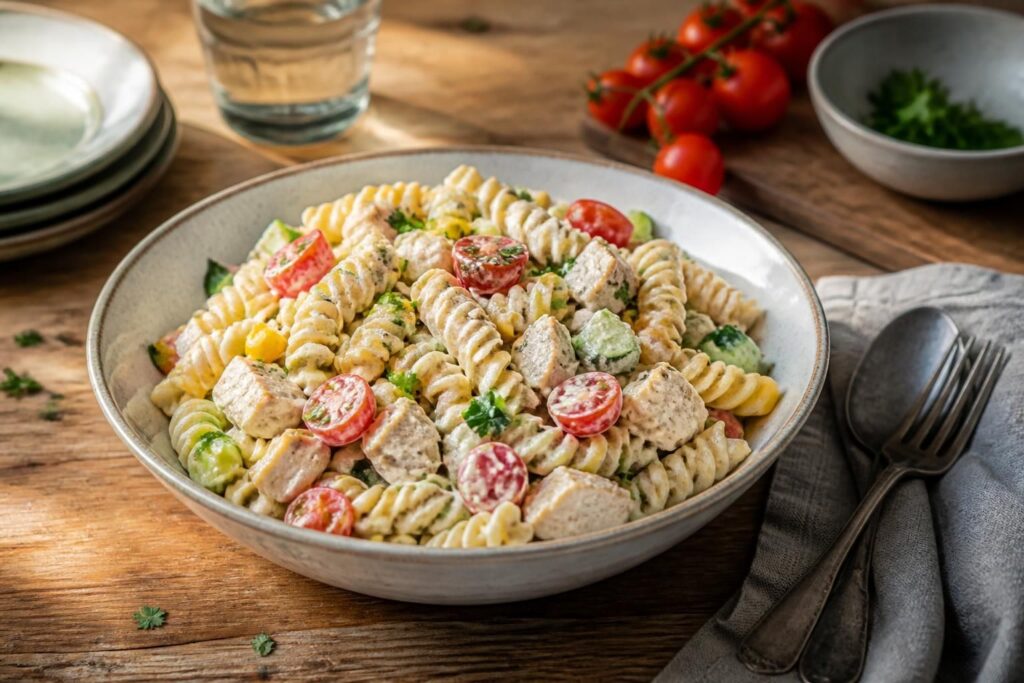 Kalter Hähnchen-Nudelsalat mit Joghurt-Dressing, Kirschtomaten, Gurke und frischen Kräutern in einer hellen Schüssel, von oben fotografiert